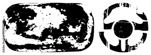 Bold black vector shapes with worn stencil effect, abstract forms, graphic design elements, distressed texture, art, isolated vector.