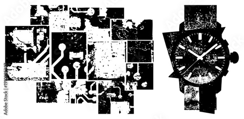Digital watch with distressed texture alongside fragmented circuit board pieces, tech art, electronic components, glitch aesthetic, vector silhouette, design.