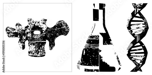 Scientific symbols rendered in gritty black and white vector art DNA double helix, lab beaker, human vertebra. Medical, biology, genetics with distressed texture.