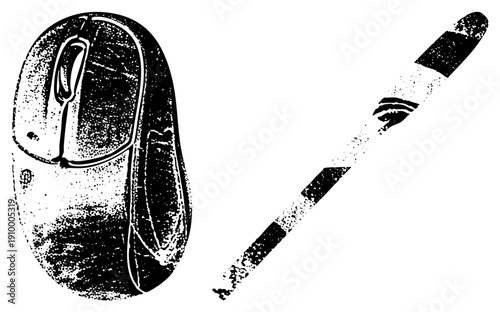 Retro computer mouse and stylus rendered in halftone dot, vector illustration, digital drawing tools, graphic design assets, black and white, pixel art aesthetic.