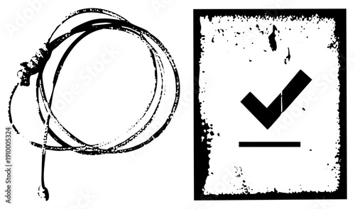 Hand drawn coiled with connector and checkmark, distressed texture, vector illustration, graphic design element, confirmation symbol.