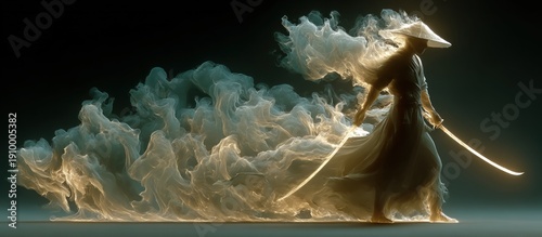 A Warrior Figure in Motion, Surrounded by Ethereal Smoke