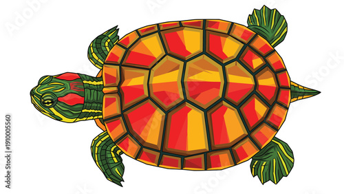 Colorful Illustrated Turtle with Red and Orange Shell Pattern, Top View