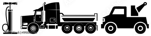 Simplified silhouette of air pump, dump truck, and tow truck, vector graphic, isolated elements, flat design, transportation tools, mechanical symbols.