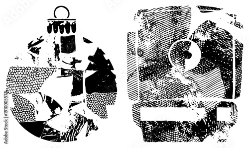 Stylized holiday ornament with tree and figures, paired with vintage train silhouette, both rendered in halftone, vector art for seasonal graphics.