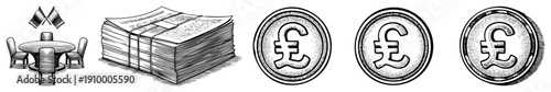 Financial assets including cash bundle, dining table with flags, and pound sterling coins, vector illustration for finance or negotiation themes.