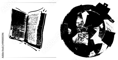 Open book with visible text pages, stylized halftone shading, paired with abstract circular glyph, black and white vector art, isolated graphic elements.