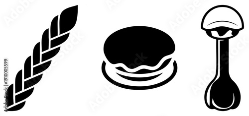 Vector featuring braided laurel, sandwich with filling, and drumstick with bone minimalist black silhouettes, flat design, food and symbol set.