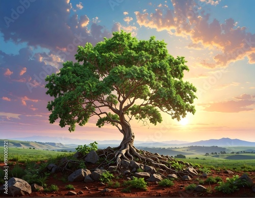 Lush, green tree with exposed roots atop a rocky hill, sunset, open fields and colorful clouds