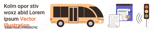 Public transportation, billing services, urban planning, payment systems, automated invoices, city infrastructure. Yellow bus, invoice and traffic light graphics. Public transportation and billing