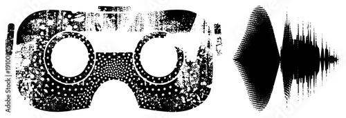 Retro VR goggles with distressed texture, halftone dot, waveform companion, digital, glitch art style, tech accessory, black and white vector.