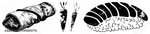 Black and white halftone food graphics, burrito, carrot, sushi roll, stylized vector art, textured print effect, culinary, isolated food items.