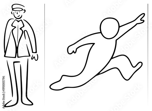 Two simplified human figures, one standing formally, one leaping dynamically, rendered in clean black, vector illustration, minimalist design, graphic set.