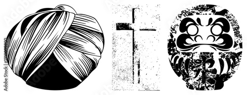 Cultural symbols Sikh turban,, Japanese daruma mask, stylized halftone vector art, symbolic, spiritual emblems, graphic design elements.