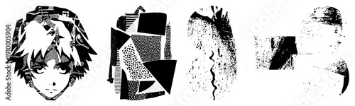 Stylized human faces rendered in black and white using fragmented halftone textures, angular geometric forms, and sharp triangular motifs. Artistic vector portraits with graphic design elements.