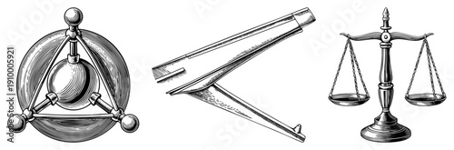 Antique drafting compass, celestial sphere, justice scales, engraved art, technical illustration, symbolic tools, historical instruments.