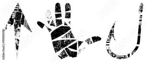 Fragmented newspaper text, hand gesture, arrow, hook high contrast, distressed. Perfect for graphic design, branding,.