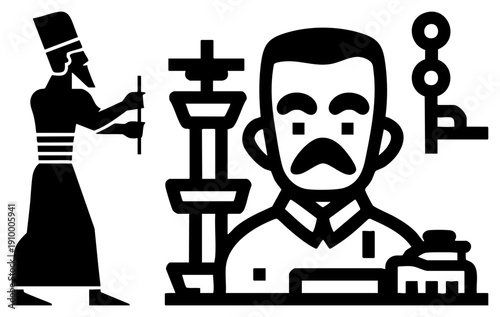 Black and white vector illustration of ancient scribe writing with stylus, juxtaposed with modern man with mustache, both in minimalist glyph style, isolated foreground elements.