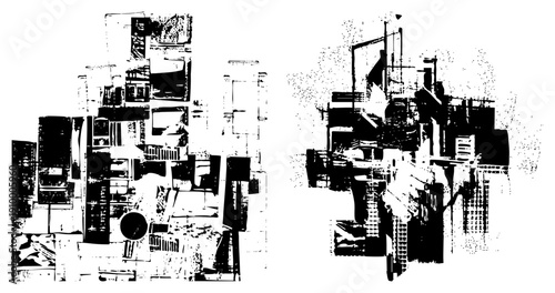 Fragmented urban architecture rendered in stark black and white, abstract city blocks, graphic urbanism, stylized, vector halftone art.