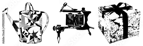 Black and white halftone vector illustrations of a watering can, vintage tattoo machine, and textured gift box with bow. Isolated graphic elements for design use.