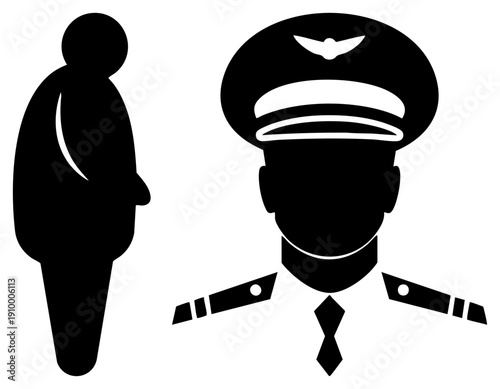 crew member in uniform with wings insignia, passenger in simple silhouette, vector, aviation travel, flight crew, air travel, staff, boarding pass.