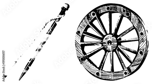 Hand drawn drafting compass and rustic wagon wheel, engraved wood texture, technical illustration, isolated vector graphic, halftone style, antique design.