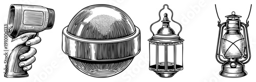 Handheld thermal imaging scanner, vintage globe light fixture, ornate lanterns, engraved vector illustrations, art, antique lighting, technical equipment.