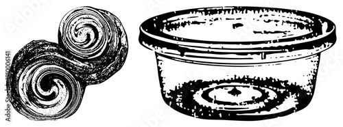 Hand drawn stylized cinnamon rolls with spiral layers, plastic takeout container with lid, black and white vector illustration, bakery snack, food packaging.
