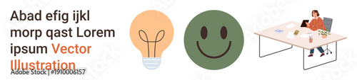 Workplace creativity, productivity, communication, positivity, business planning, work management. Light bulb, happy face person at desk working on a laptop. Creativity and productivity concept