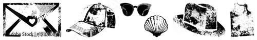 Distressed black and white vector envelope with heart, cap, sunglasses,, top hat, tank top. Retro, textured, halftone style. Isolated cutout elements for design use.