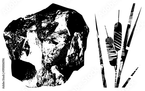 Graphic design featuring textured rock and stylized reeds, halftone, vector art, nature elements, isolated foreground, aesthetic.