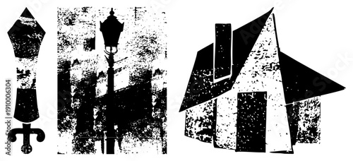 Grungy black and white vector ornate street lamp, fleur de lis emblem, stylized house. Urban, vintage, stencil inspired graphic elements with distressed texture.