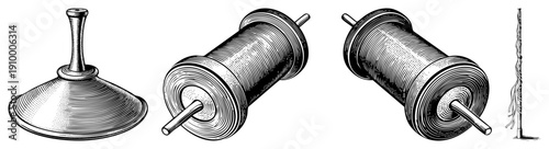 Antique textile spindles and spools rendered in detailed halftone, historical spinning tools, artisan equipment, craft machinery, engraved vector graphics.