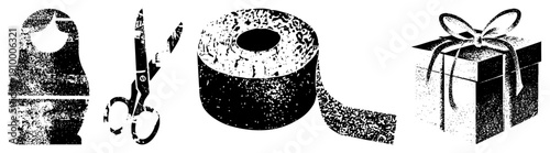 Classic Russian nesting doll, craft scissors, adhesive tape spool, wrapped present with bow, halftone print, black and white vector, isolated design elements.