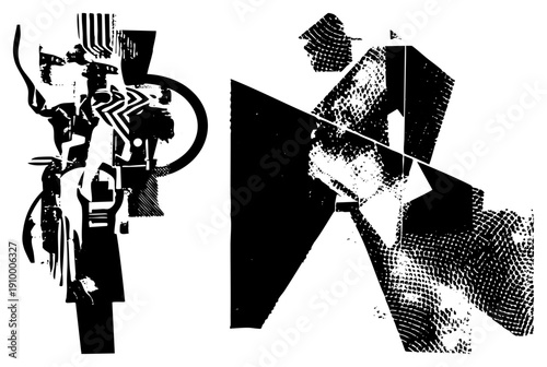 Bold graphic design featuring fragmented shapes, halftone, and stark contrast, ideal for modern art or print. Abstract composition with geometric forms and textured.