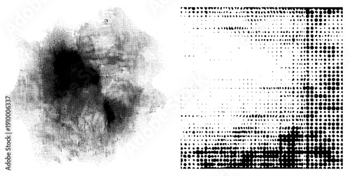 Black and white halftone texture, dot matrix gradient, print simulation, screen printing effect, graphic design element, visual noise, digital art texture.