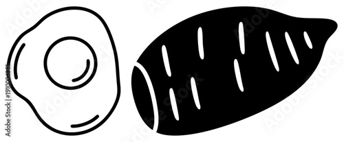 Simple black illustration of fried egg and carrot slice, food, dietary symbols, cooking elements, vegetarian graphics, meal components.