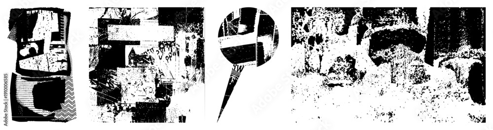 Obraz premium Fragmented halftone shapes forming abstract composition, graphic design elements, vector art, digital glitch, texture, modern art piece, stylized collage.