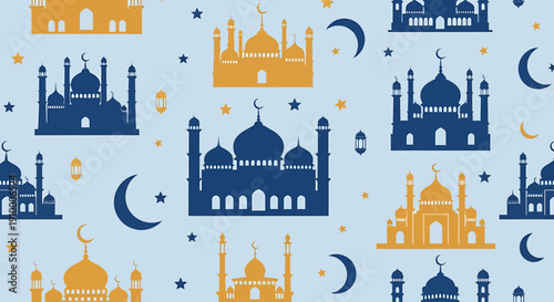 Islamic mosque pattern illustration with crescent moon and lantern for Ramadan Kareem and Eid celebrations