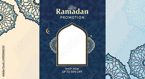 Ramadan Promotion Graphic with Traditional Islamic Patterns and Discount Offer
