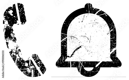 Retro telephone handset and notification bell, distressed graphic, communication symbols, vector, grunge style, alert, call symbol.