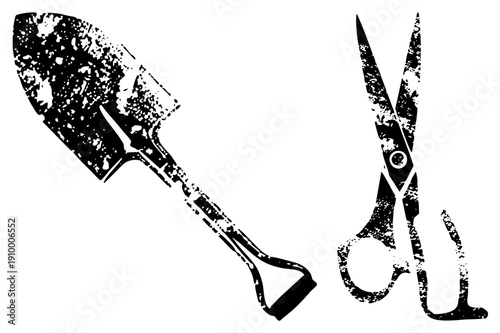 Garden shovel and scissors with gritty texture, gardening tools, cutout, black and white vector, rustic style, isolated objects.