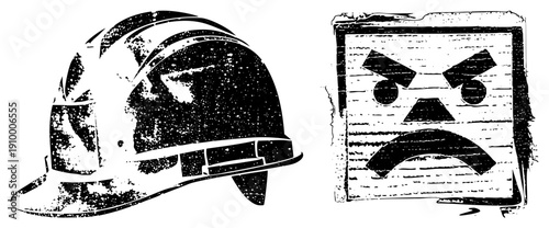 Grumpy wooden sign with frowning expression, construction hard hat, safety gear, worker warning, industrial symbol, distressed texture, black and white vector.