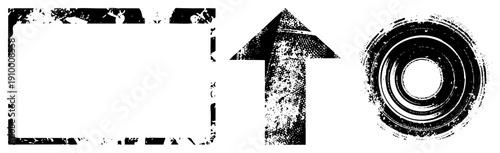 Distressed black vector rectangular frame, upward arrow, concentric target. Urban stencil style, gritty texture, graphic design elements.