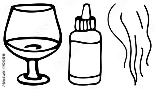 Whiskey glass with liquid swirl, dropper bottle, rising, minimalist art, alcohol beverage, vector design.