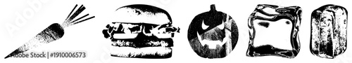 Black and white halftone illustrations of food items, stylized, graphic design elements, vector art, isolated food symbols, food themed glyphs.
