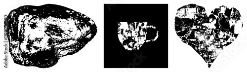 Grunge textured rock, coffee cup, heart with high contrast halftone. Modern design, branding, digital art. Also called distressed silhouette, fragmented, stencil style.
