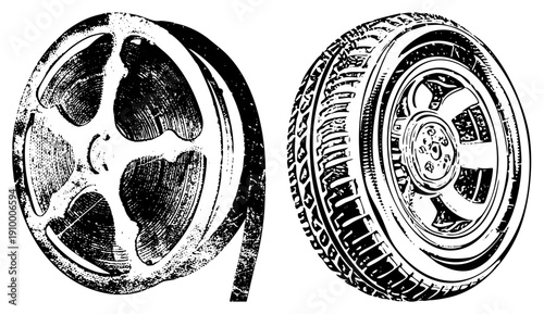Classic film reel with spooled tape and rugged car wheel with tread, both in halftone sketch style, isolated vector graphics for design use.