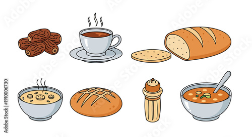 Diverse selection of hand-drawn food and drink illustrations wholesome meals and sweet treats