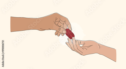 A moment of shared sweetness as hands exchange a delicious red macaron, symbolizing connection and treat